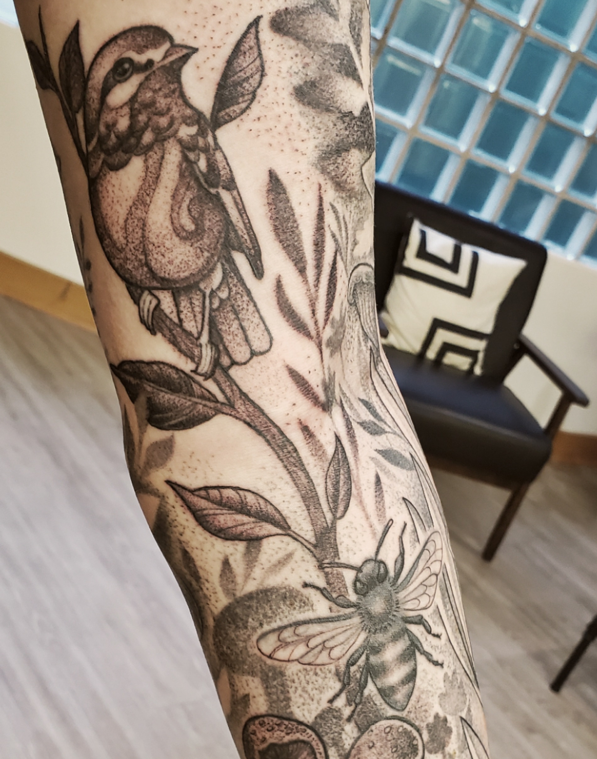 Another view of black and Grey fine line wildlife with birds, bees and mushrooms sleeve tattoo by John Campbell at Sacred Mandala Studio tattoo parlor in Durham, NC.